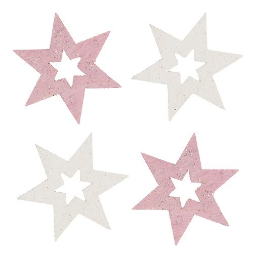 Floristik24 Trästjärna 3,5 cm rosa / vit med glitter 72st