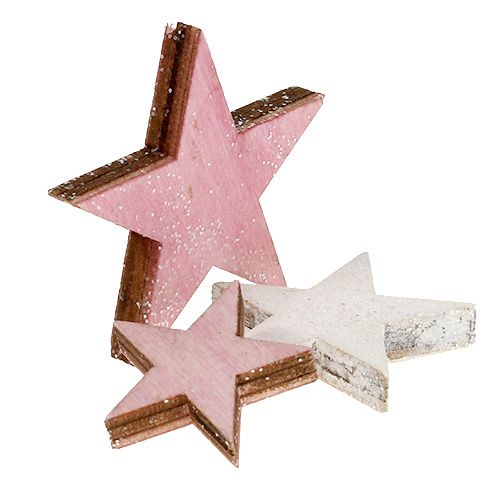 Floristik24 Trästjärna 3-5cm rosa/vit med glitter 24 st