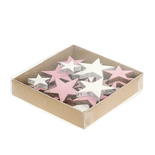 Floristik24 Trästjärna 3-5cm rosa/vit med glitter 24 st