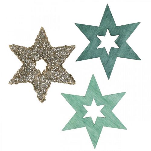 Artikel Strödekoration trästjärna grön, glitter julstjärna mix 4cm 72 st