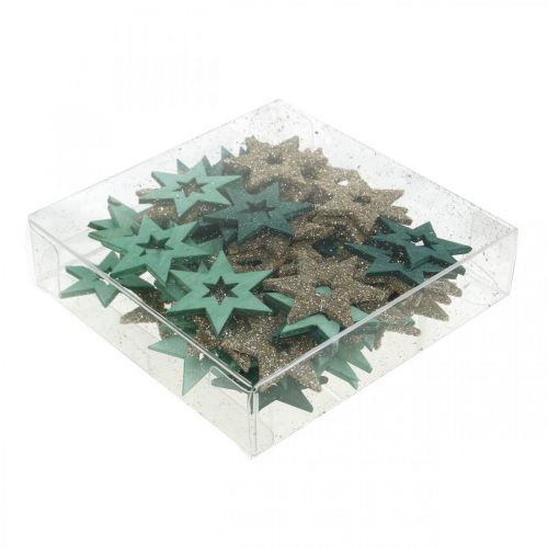 Artikel Strödekoration trästjärna grön, glitter julstjärna mix 4cm 72 st