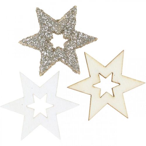 Floristik24 Scatter dekoration trästjärna natur, glitter, vit 4cm assorterad 72 st