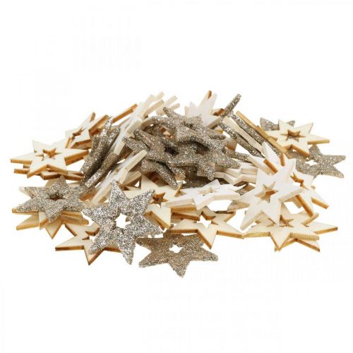 Floristik24 Scatter dekoration trästjärna natur, glitter, vit 4cm assorterad 72 st