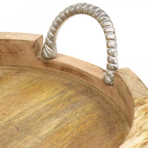 Floristik24 Bricka med metallhandtag, trädekoration runt äkta trä, metall natur, silver Ø31cm