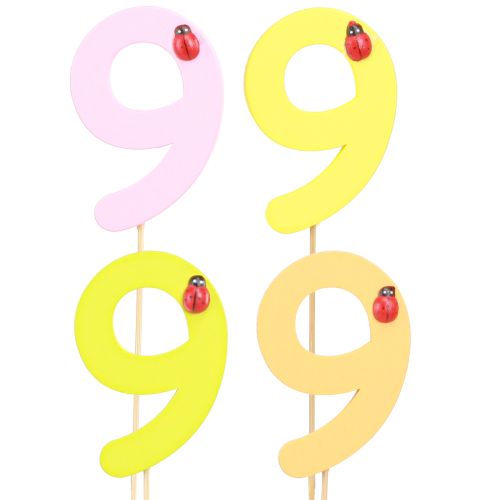 Jubileumsnummer &quot;9&quot; på stickan nummer pluggar färgglatt trä 7,5 cm 16 stycken