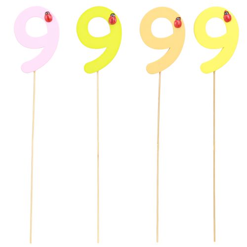 Artikel Jubileumsnummer "9" på stickan nummer pluggar färgglatt trä 7,5 cm 16 stycken
