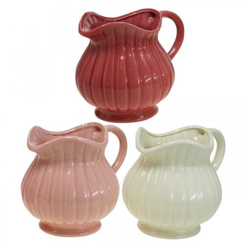 Floristik24 Dekorativ vas, kanna med handtag keramik vit, rosa, röd H14,5cm 3st