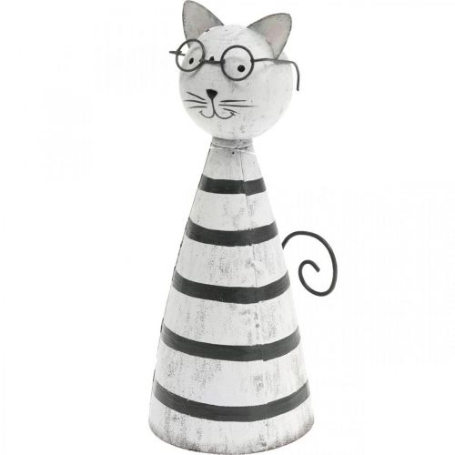 Katt med glasögon, dekorativ figur att placera, kattfigur metall svart och vit H16cm Ø7cm