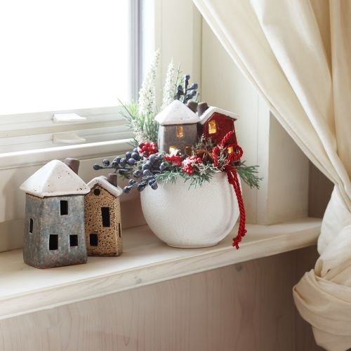 Keramikhus adventsdekoration kräm röd grå 8,5/9,5 cm 3 stycken