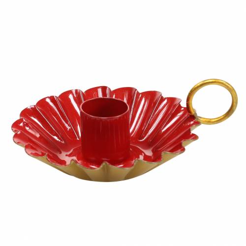 Ljusstake med handtag emalj ser röd ut, guld Ø13cm H4.4cm