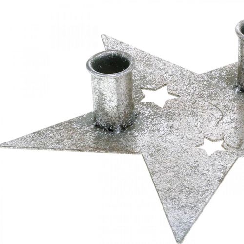 Artikel Ljusdekorationsstjärna, metalldekoration, ljushållare för 2 koniska ljus silver, antik look 23cm × 22cm