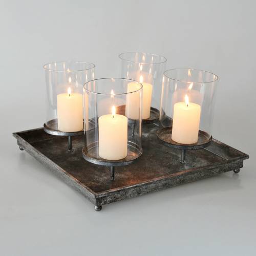 Floristik24 Adventsbricka med 4 ljusstakar 40 × 40cm antik look metall / glas silver