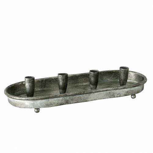 Ljusbricka oval för 4 ljus antik silvermetall 40 × 17cm