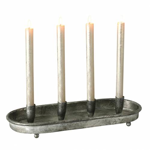 Floristik24 Ljusbricka oval för 4 ljus antik silvermetall 40 × 17cm