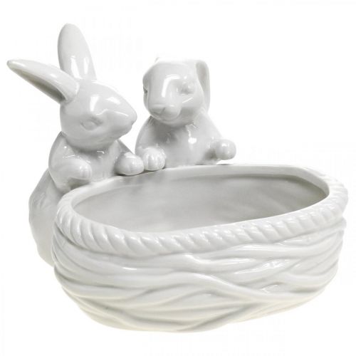 Kaniner med bo, bordsdekoration, påskbo, porslinsdekoration, dekorativ skål vit L15cm H11cm