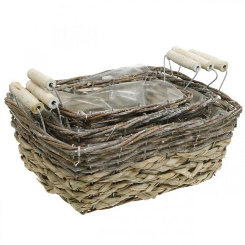 Artikel Växtkorg med handtag, fyrkantig korgskål, naturlig plantering för plantering av shabby chic tvättad vit L30/25,5/21 cm H12/11/10 cm set om 3