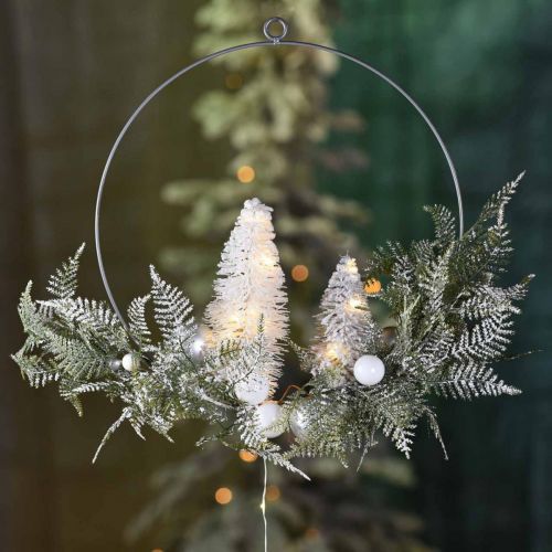 Artikel Upplyst krans med granar och kulor, advent, vinterdekoration att hänga, LED dekorationsring silver B45cm Ø30cm