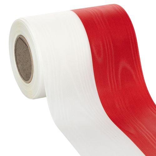 Artikel Vitt och rött moiréband med krans, 125 mm - sorgband, dekorationsband, rosettband, festband, 25 m rulle