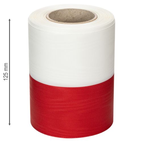 Artikel Vitt och rött moiréband med krans, 125 mm - sorgband, dekorationsband, rosettband, festband, 25 m rulle