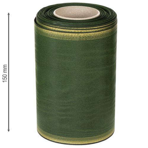 Artikel Moiré-kransband, 150 mm, mörkgrönt med guldfärgad pärlkant, taftvävd, 25 m rulle för dekoration och design