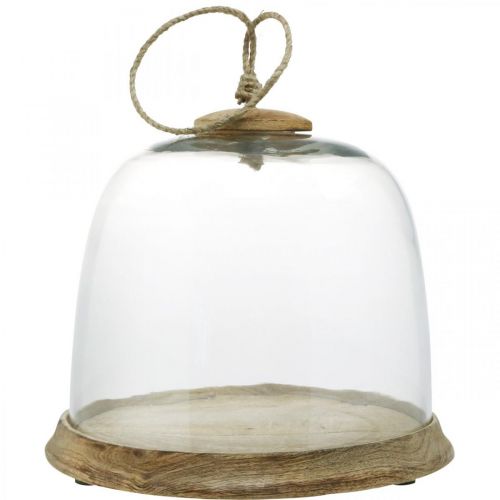 Glasklocka med träplatta, kakklocka med jutehandtag H19cm Ø22,5cm