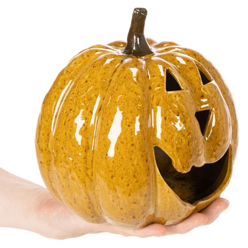 Keramisk pumpa med ansikte, LED-dekoration, Halloween, 19 cm | Floristik24.se
