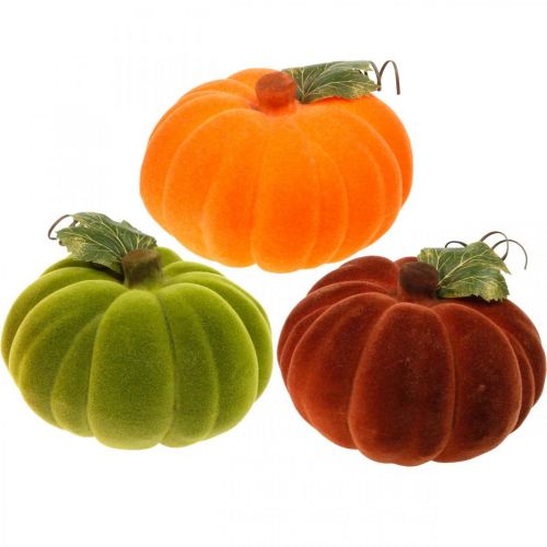 Floristik24 Deco pumpa flockad mix orange, grön, röd höstdekoration 16cm 3st