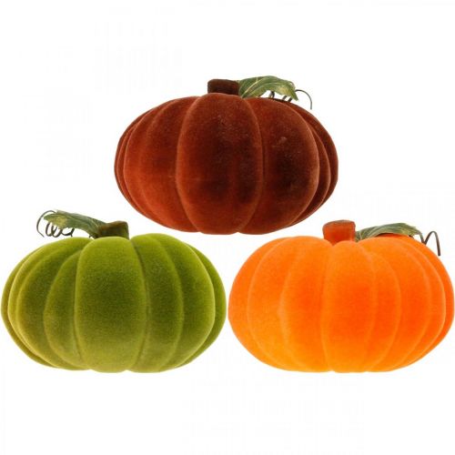Artikel Dekorativ pumpa flockad mix orange, grön, röd höstdekoration 16cm 3 st