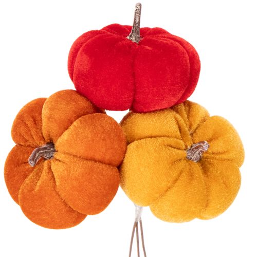 Dekorativ pumpa på tråd, höstdekoration, sammet, trefärgat set, 8 cm, 9 delar