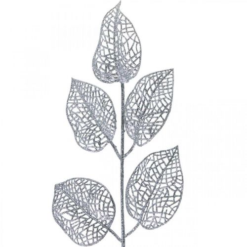 Floristik24 Konstgjorda växter, grendekoration, dekorativa blad silverglitter L36cm 10 st