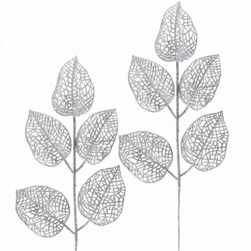 Konstgjorda växter, grendekoration, deco blad silverglitter L36cm 10p