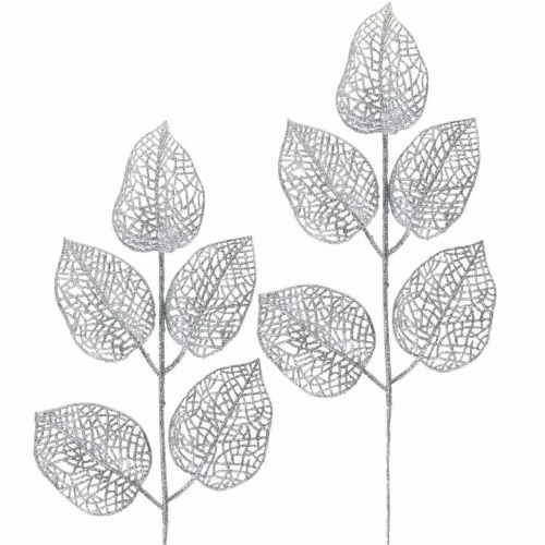 Floristik24 Konstgjorda växter, grendekoration, dekorativa blad silverglitter L36cm 10 st