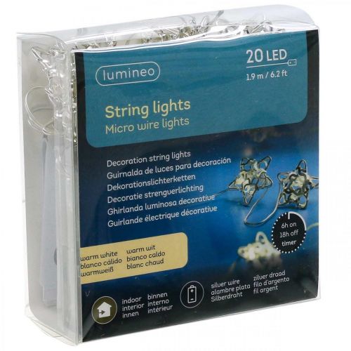 Artikel LED ljuskedja stjärnor mikro LED timer inuti silver 1,90m
