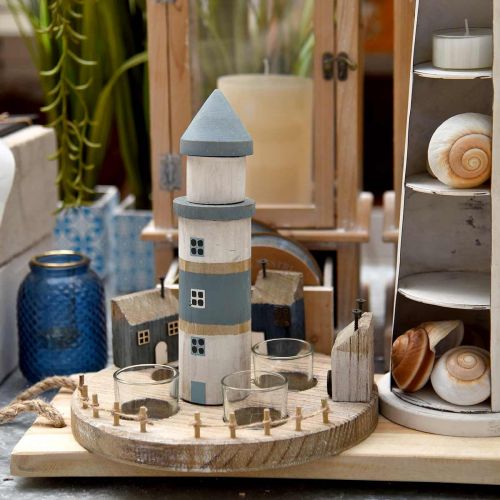 Floristik24 Lighthouse värmeljushållare blå, vit 4 värmeljus Ø25cm H28cm