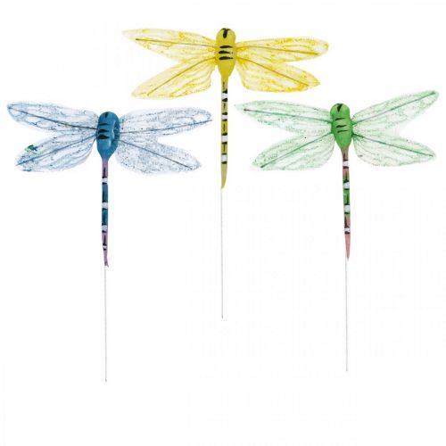 Artikel Sommardekoration, trollsländor på tråd, dekorativa insekter gul, grön, blå B10,5cm 6st