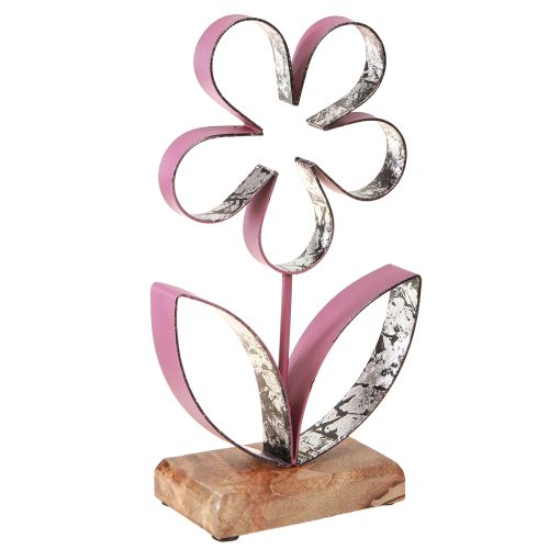 Artikel Metalldekorationsblomma på träfot Gammal Rosa Silver H29cm