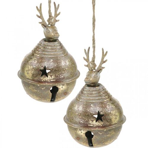 Floristik24 Metallklockor med rendekor, adventsdekoration, julklocka med stjärnor, guldklockor antik look Ø9cm H14cm 2 st.