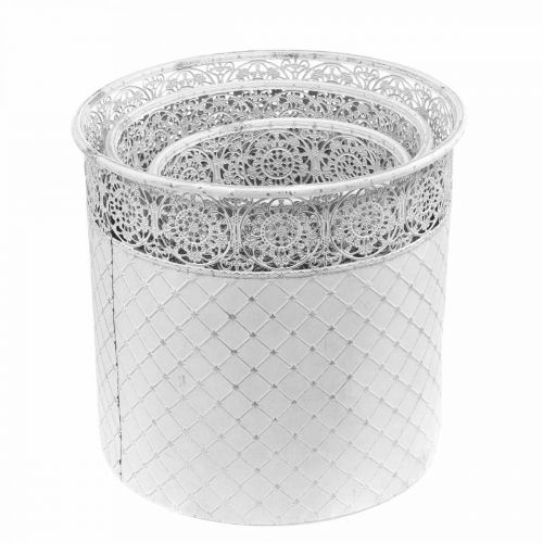 Artikel Plantkruka med spetsmönster, metallkärl, dekorativ hink vit, silver shabby chic H28/25,5/23,5 cm Ø29,5/25,5/20 cm set om 3