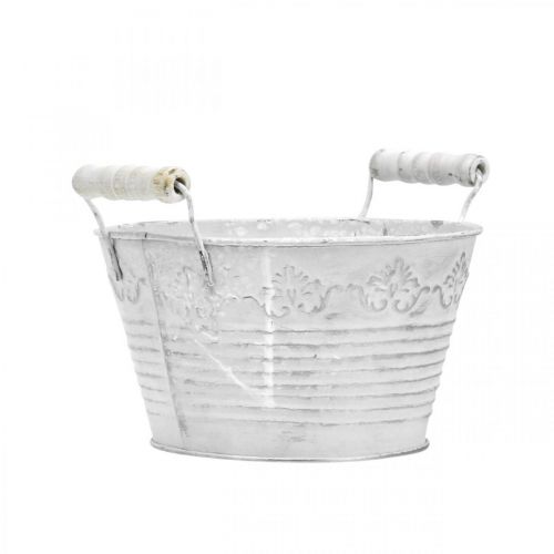 Floristik24 Dekorativ skål för plantering, kruka med trähandtag, metalldekor vit, silver Ø16,5cm H12,5cm B20cm