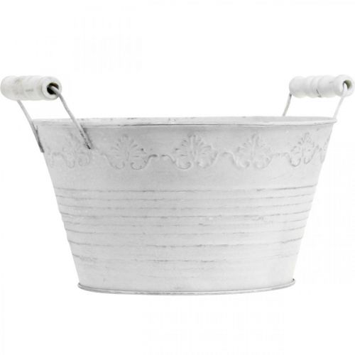 Floristik24 Metallkärl, dekorativ skål med mönster, växtkruka med trähandtag vit, silver Ø21,5cm H14,5cm B24,5cm