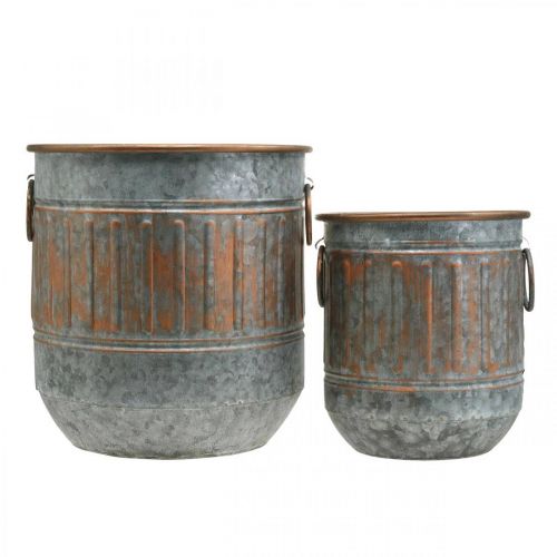 Floristik24 Dekorativ skål med handtag, växtkruka, metallkärl silver, kopparfärgad antik look H31 / 24,5 cm Ø29,5 / 22 cm set om 2