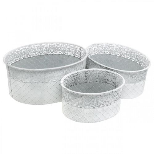 Skål för plantering, metallkärl med spetsmönster, dekorativ kruka oval vit, silver shabby chic L41,5/35/29,5 cm H19/16/14,5 cm set om 3