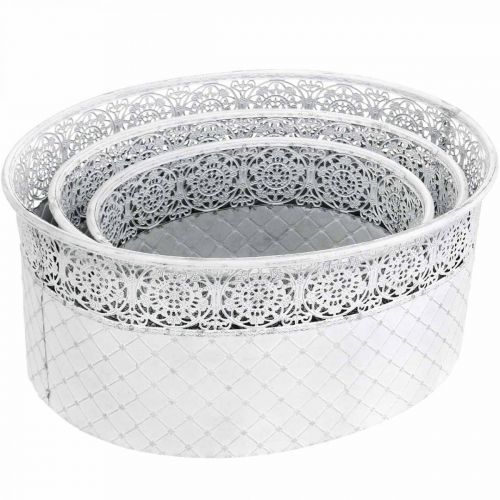 Artikel Skål för plantering, metallkärl med spetsmönster, dekorativ kruka oval vit, silver shabby chic L41,5/35/29,5 cm H19/16/14,5 cm set om 3