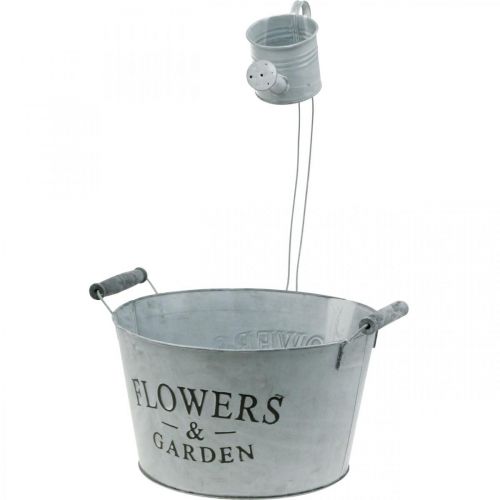 Planteringsskål med vattenkanna, trädgårdsdekoration, metallkruka för plantering silvervit tvättad H41cm Ø28cm/Ø7cm