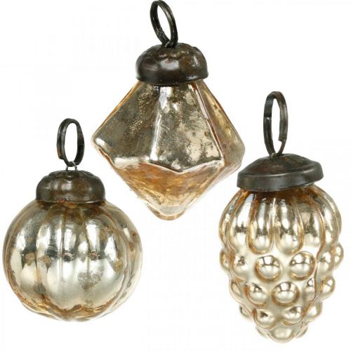 Floristik24 Miniträbollar, diamant / boll / kon, trädhängen blandar antikt utseende Ø3–3,5 cm H4,5–5,5 cm 9st