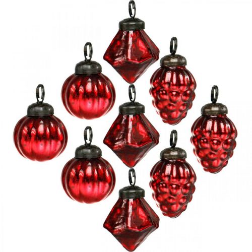 Floristik24 Miniträddekorationsmix, diamant/kula/kon, glaskulor antik look Ø3–3,5cm H4,5–5,5cm 9st