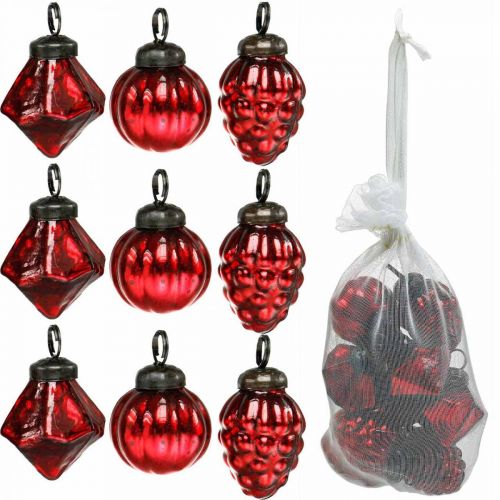 Floristik24 Miniträddekorationsmix, diamant/kula/kon, glaskulor antik look Ø3–3,5cm H4,5–5,5cm 9st