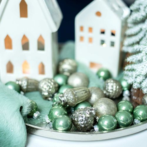 Floristik24 Miniträddekorationer höstfrukter och bollar pärlemor, antik silver äkta glas 3,4–4,4cm 10st