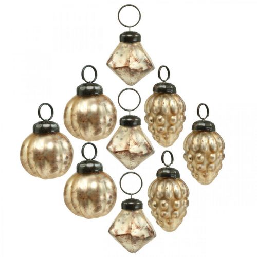 Floristik24 Mini glaskula mix, diamant / kula / kon, träddekorationer, antik look Ø3–3,5cm H4,5–5,5cm 9st