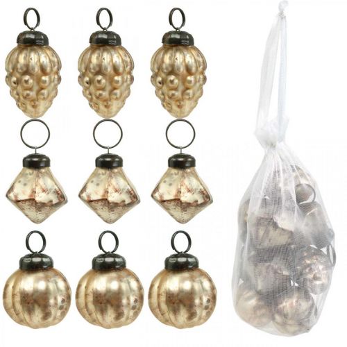 Floristik24 Mini glaskula mix, diamant / kula / kon, träddekorationer, antik look Ø3–3,5cm H4,5–5,5cm 9st